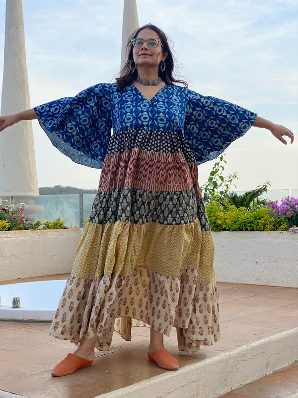Mixed Colors Hand Block Printed 5 Tiered Dress