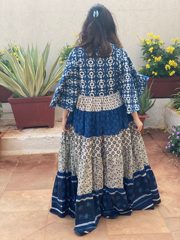 Indigo Blue and Ivory Mix 5 Tiered Dress in Hand-Block Print
