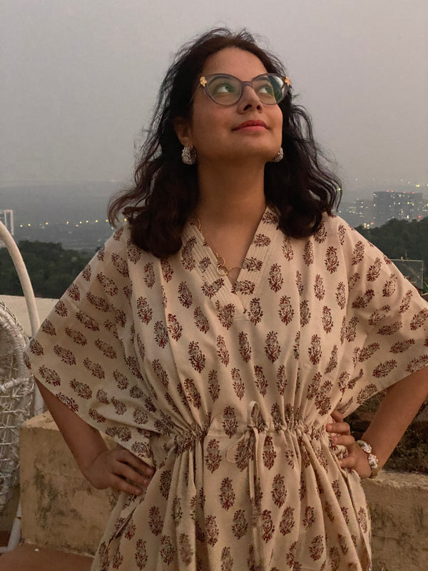 Cream Red Paisley Motif Hand-Blocked Kaftan with V-Neck, Cinched Waist and Available in both Knee and Ankle Length