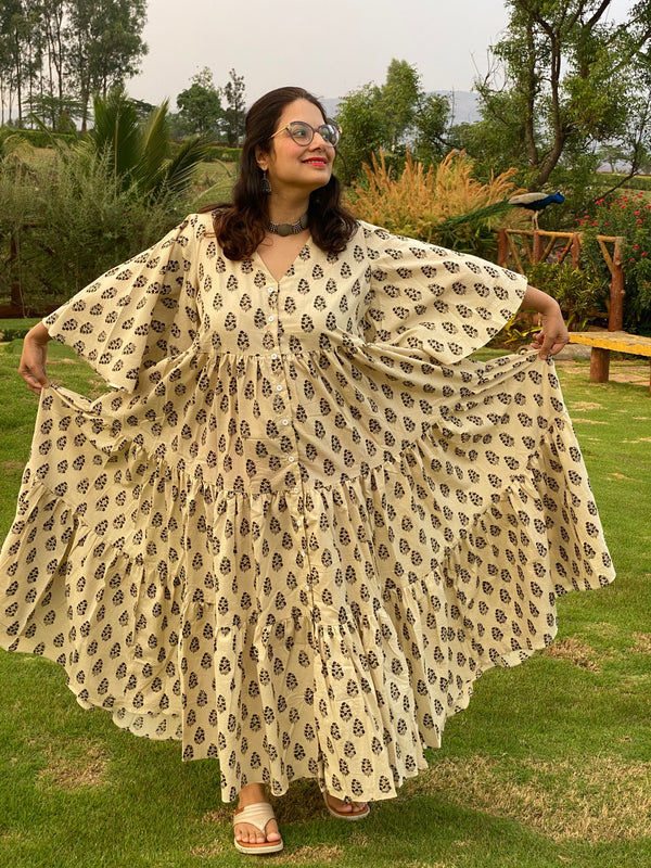 Ivory Black Paisley Motif Hand-Block Printed Front Buttoned Tiered Dress