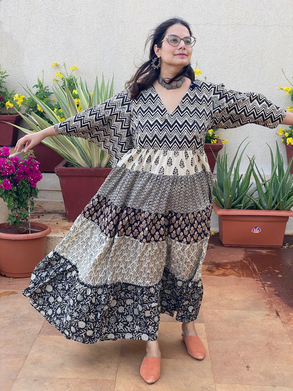 Black Ivory Mixed Hand Block Printed 5 Tiered Dress
