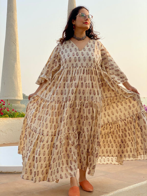 Ivory Red Paisley Motif Hand-Block Tiered Dress