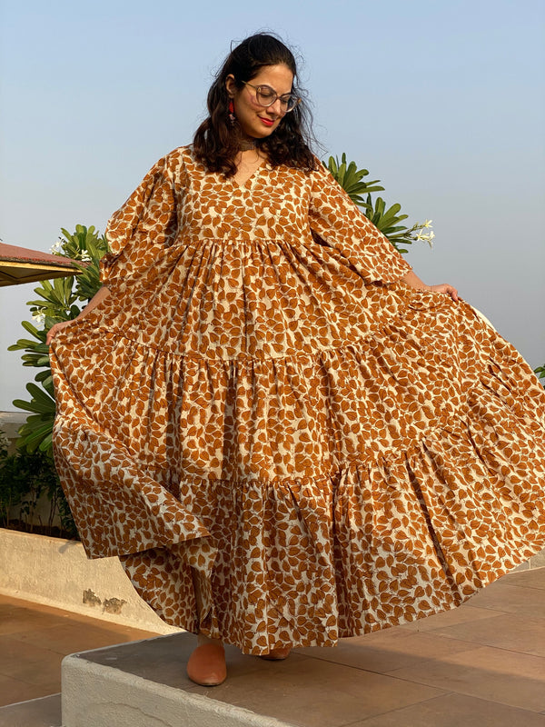 Ivory Mustard Leafy Motif Hand-Block Tiered Dress