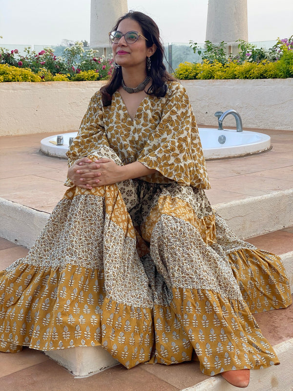 Mustard Gold and Ivory Mix 5 Tiered Dress in Hand-Block Print