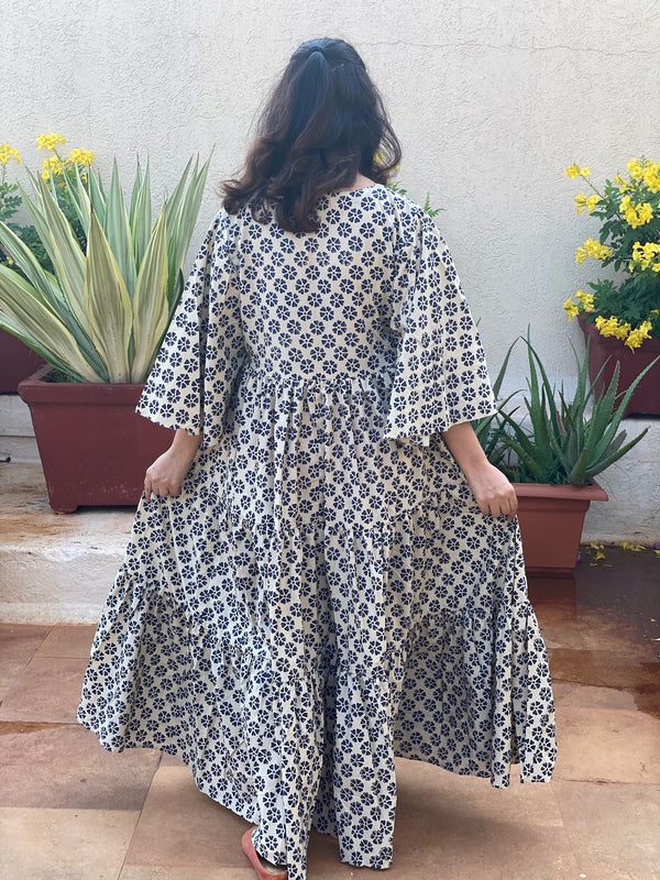 Ivory Blue Floral Motif Hand-Block Front Buttoned Tiered Dress