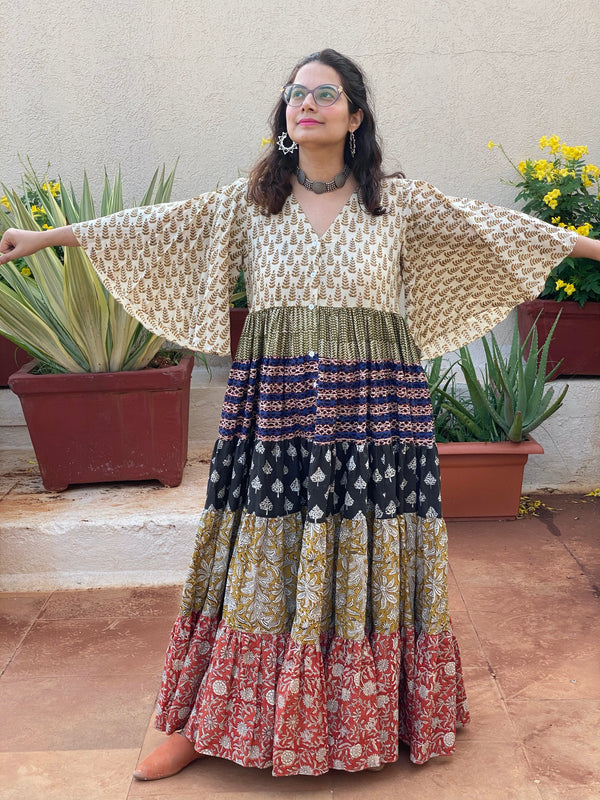 Mixed Colors Hand Block Printed Front Buttoned 5 Tiered Dress