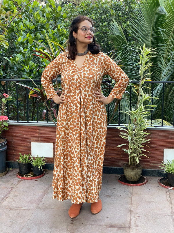 Cream Mustard Leafy Motif Hand-Blocked Free Flow Dress | Available in both Knee and Ankle Length
