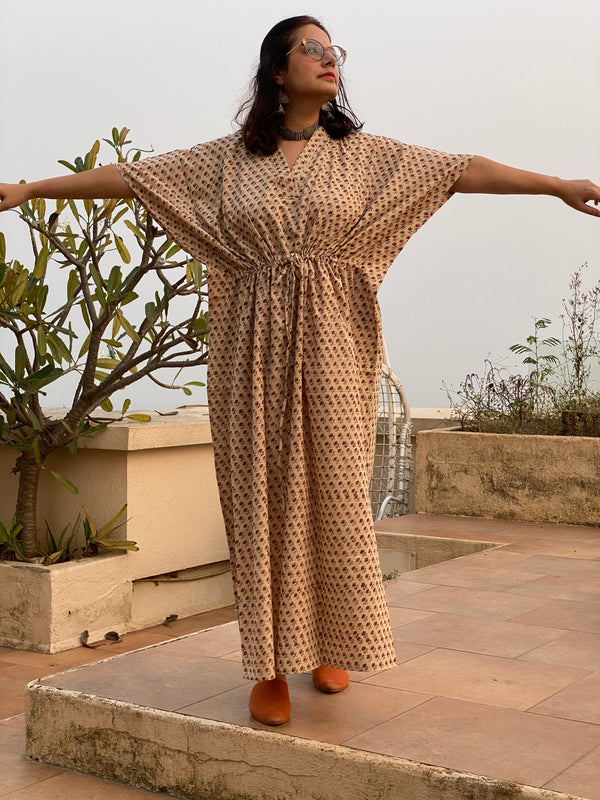 Ivory Red Teeny Tiny Flowers Motif Hand Block Printed Caftan with V-Neck, Cinched Waist and Available in both Knee and Ankle Length