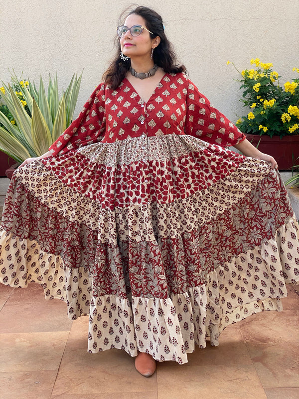 Ivory Red Mixed Hand Block Printed Front Buttoned 5 Tiered Dress