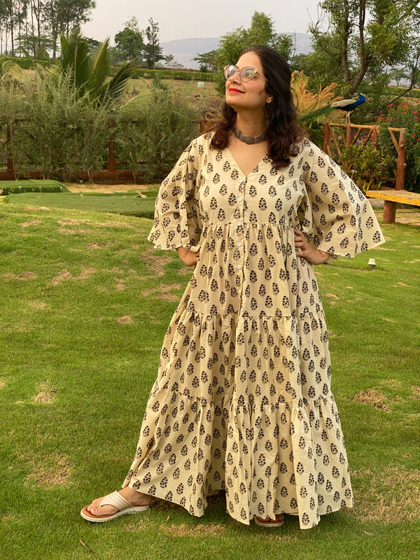 Ivory Black Paisley Motif Hand-Block Printed Front Buttoned Tiered Dress