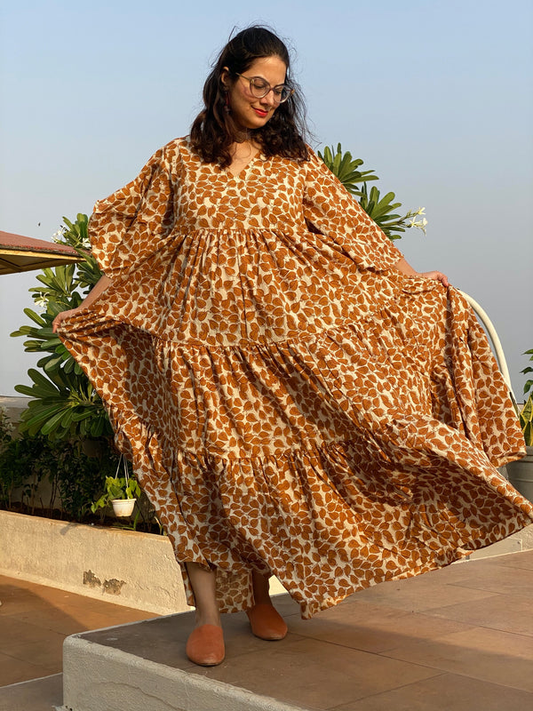 Ivory Mustard Leafy Motif Hand-Block Tiered Dress