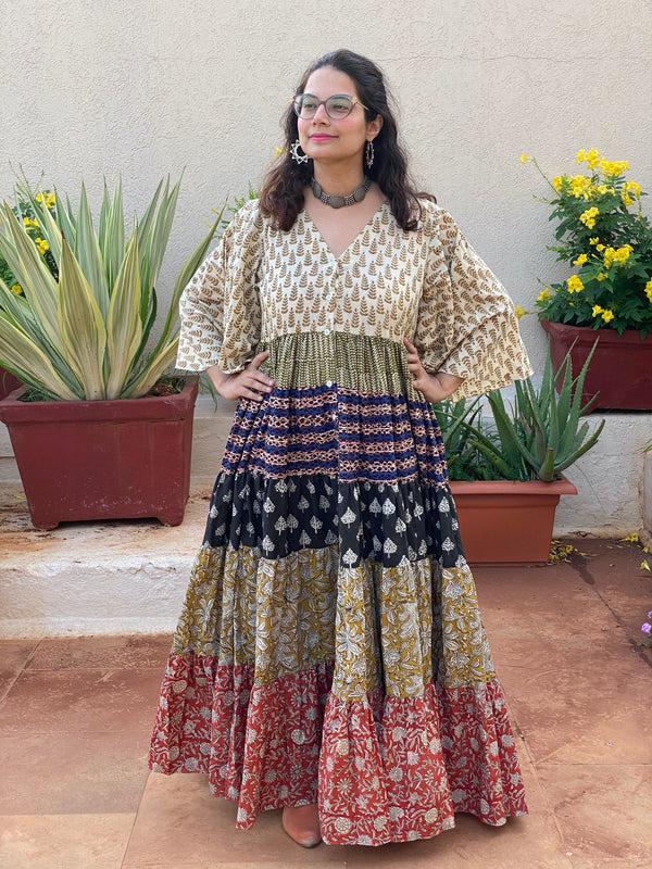 Mixed Colors Hand Block Printed Front Buttoned 5 Tiered Dress