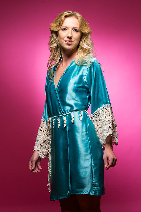 Ice Blue Satin Robe with Ivory Lace Accented Cuff