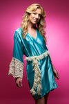 Ice Blue Satin Robe with Ivory Lace Accented Cuff