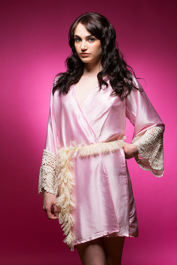 Blush Pink Satin Robe With Lace Accented Cuff