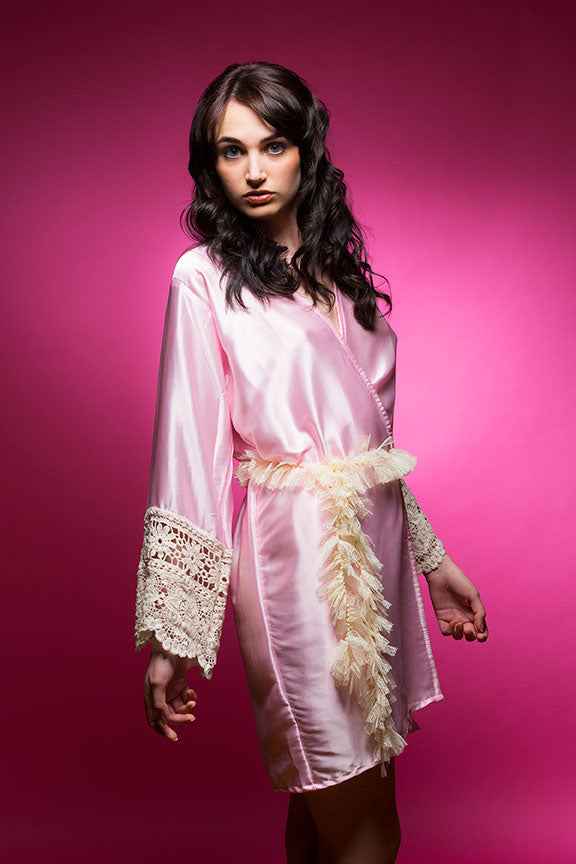 Blush Pink Satin Robe With Lace Accented Cuff