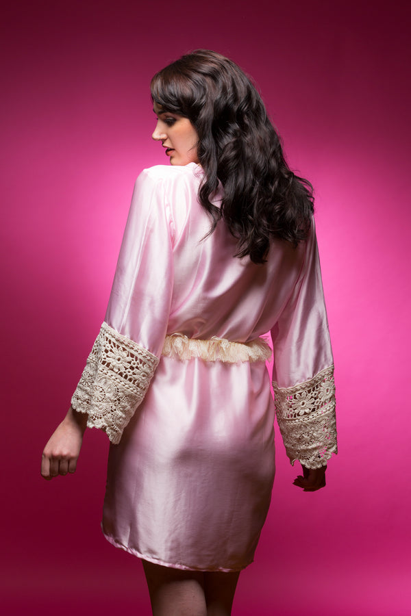 Pink Satin Robe with Lace Accented Cuffs