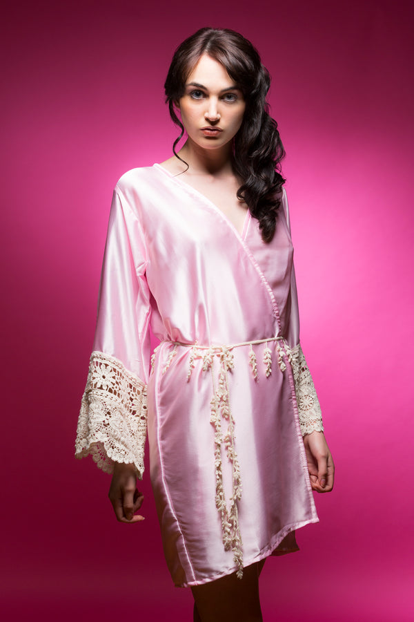 Pink Satin Robe with Lace Accented Cuffs