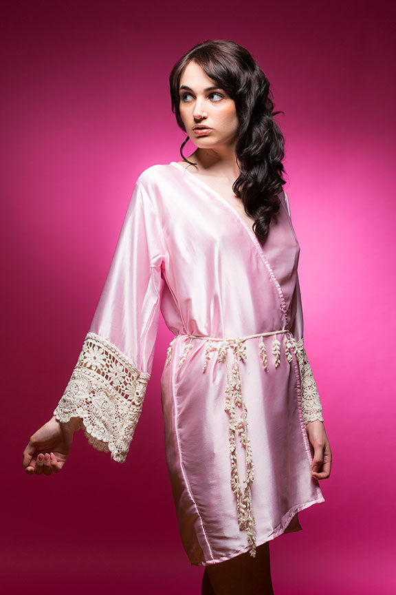 Blush Pink Satin Robe With Lace Accented Cuff