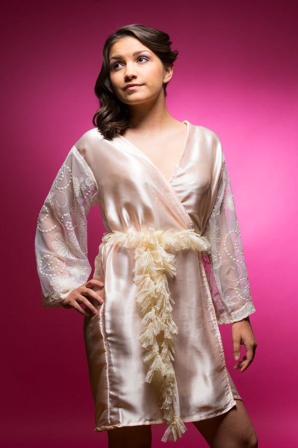 Peach Satin Robe with Lace Sleeves