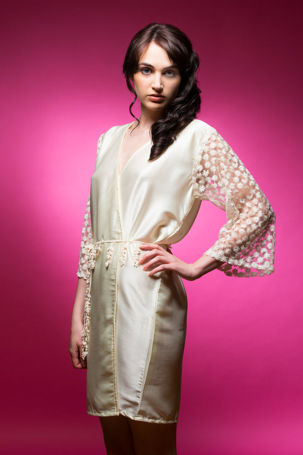 Winter White Satin Robe with Brasso Sleeves