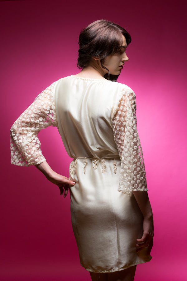 Ivory Satin Robe with Full Length Lace Sleeves