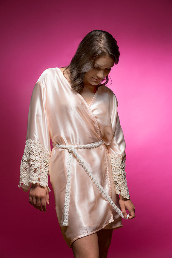 Light Peach/Apricot Satin Robe with Lace Accented Cuff