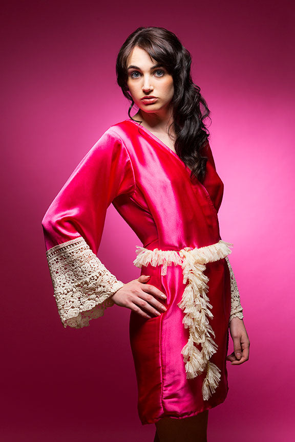 Hot Pink Satin Robe with Lace Accented Cuff