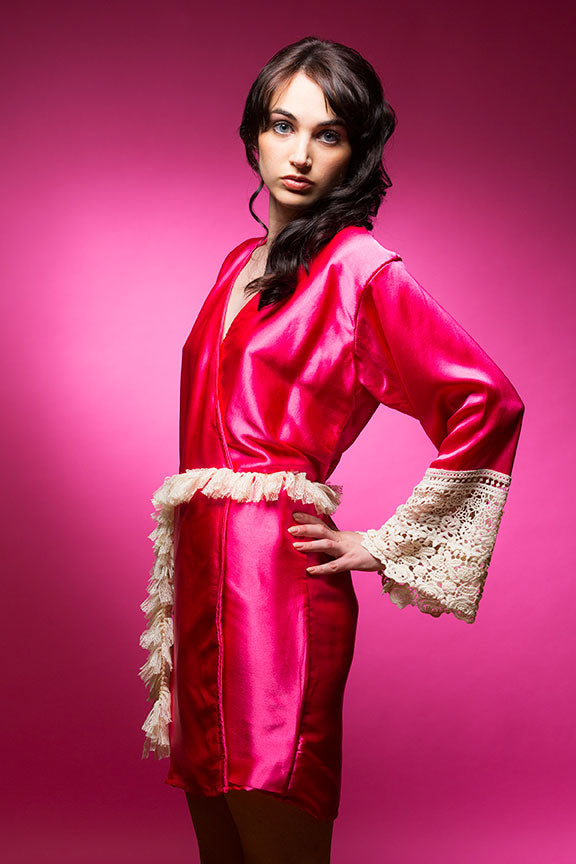 Hot Pink Satin Robe with Lace Accented Cuff