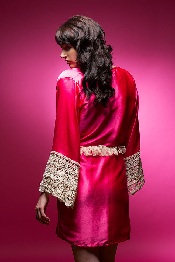 Hot Pink Satin Robe with Lace Accented Cuff
