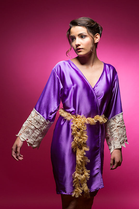Amethyst Purple Satin Robe with Lace Accented Cuffs