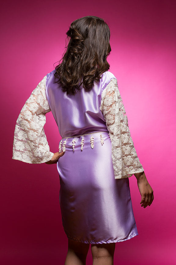Lavender Satin Robe with full-length Lace Sleeves