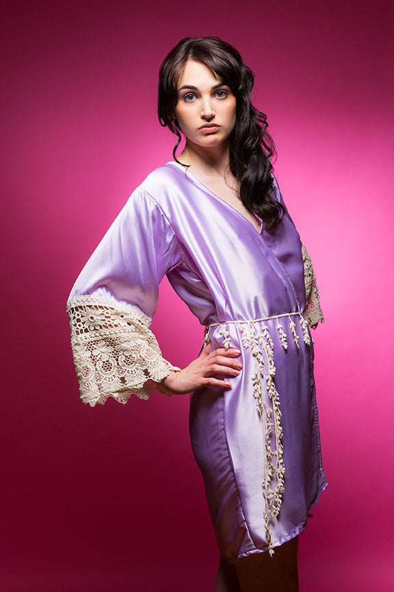 Lavender Satin Robe with Lace Accented Cuffs