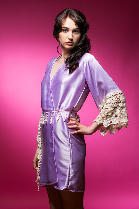 Lavender Satin Robe with Lace Accented Cuffs