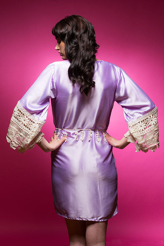 Lavender Satin Robe with Lace Accented Cuffs