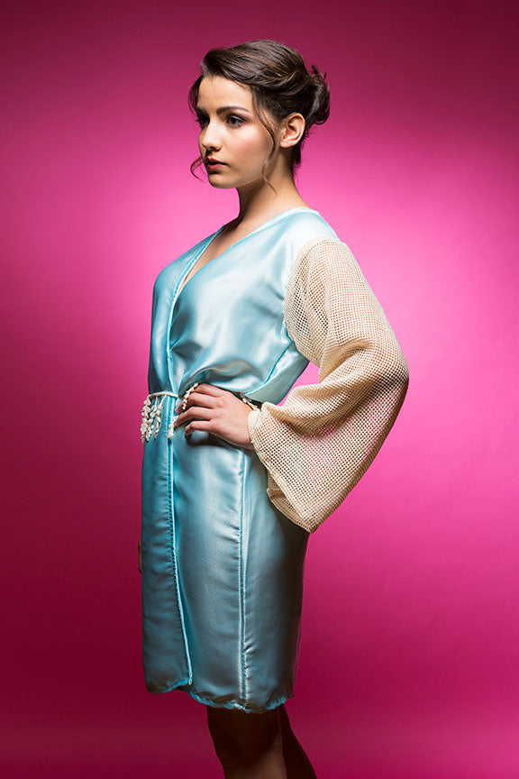 Sky Blue Satin Robe with Full Length Lace Sleeves