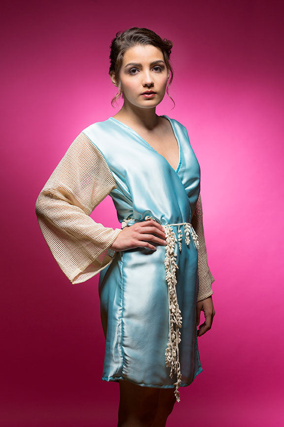 Sky Blue Satin Robe with Full Length Lace Sleeves