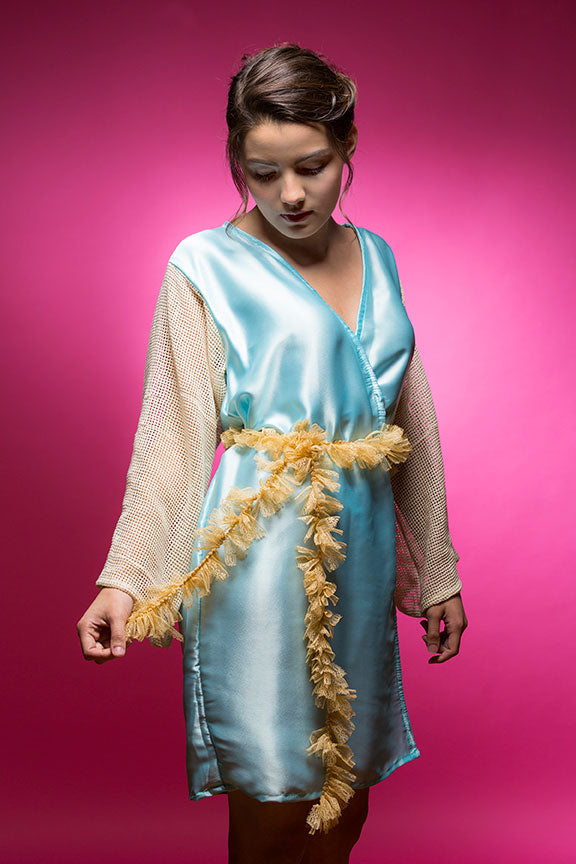 Sky Blue Satin Robe with Full Length Lace Sleeves