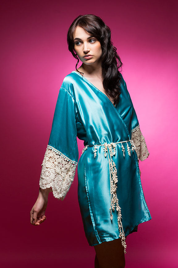 Ice Blue Satin Robe with Ivory Lace Accented Cuff