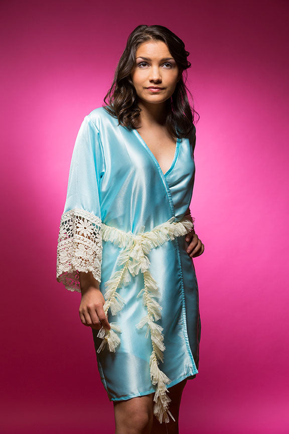 Sky Blue Satin Robe with Lace Accented Cuffs