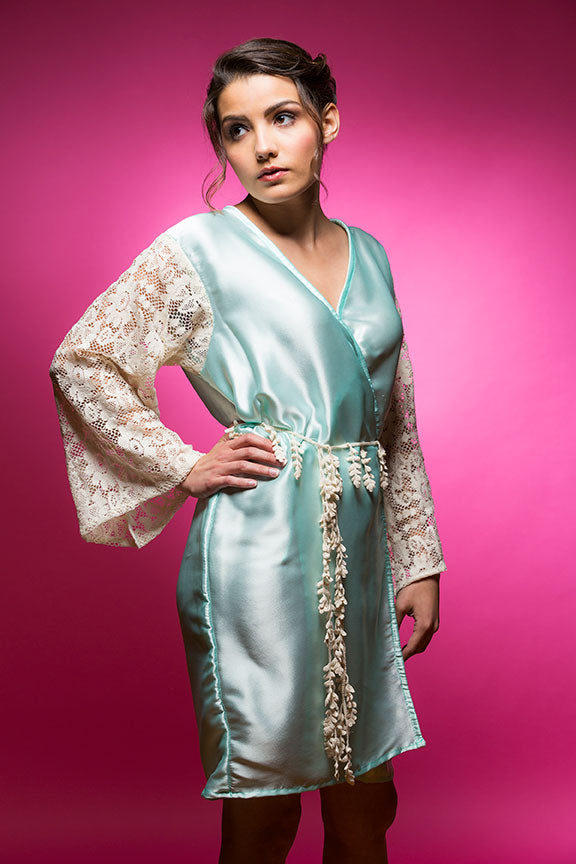 Aqua Blue Satin Robe with Full Length Lace Sleeves