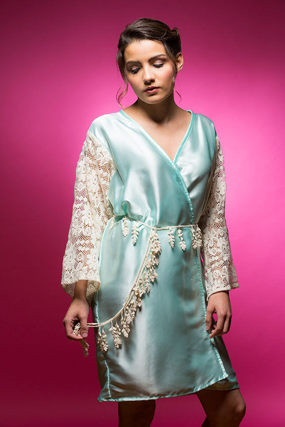 Aqua Blue Satin Robe with Full Length Lace Sleeves
