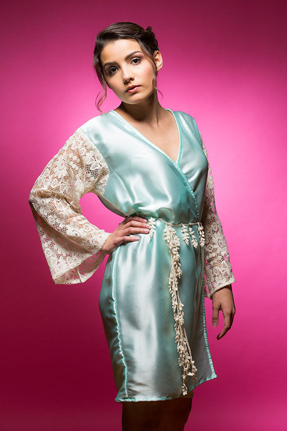 Aqua Blue Satin Robe with Full Length Lace Sleeves