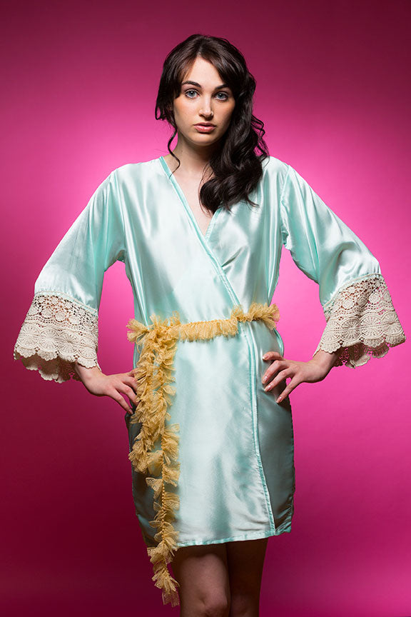 Aqua Blue Satin Robe with Lace Accented Cuffs