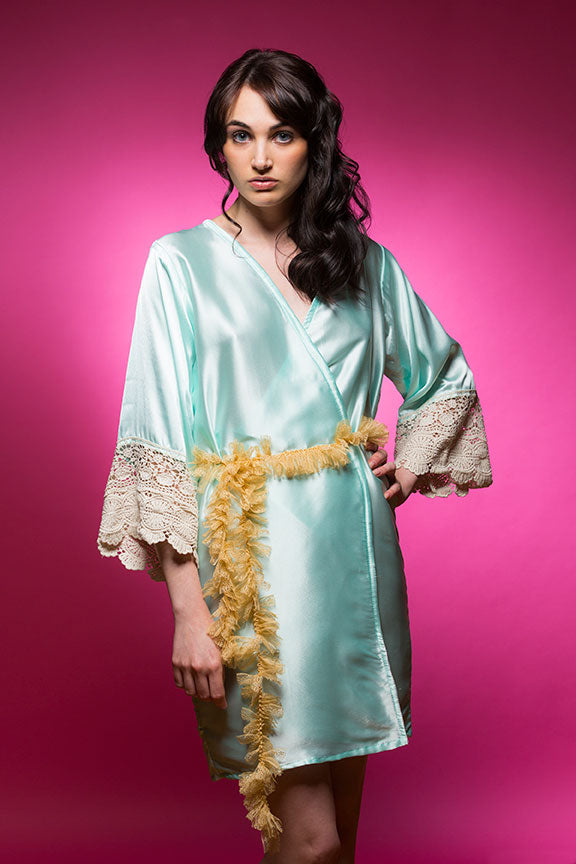 Aqua Blue Satin Robe with Lace Accented Cuffs