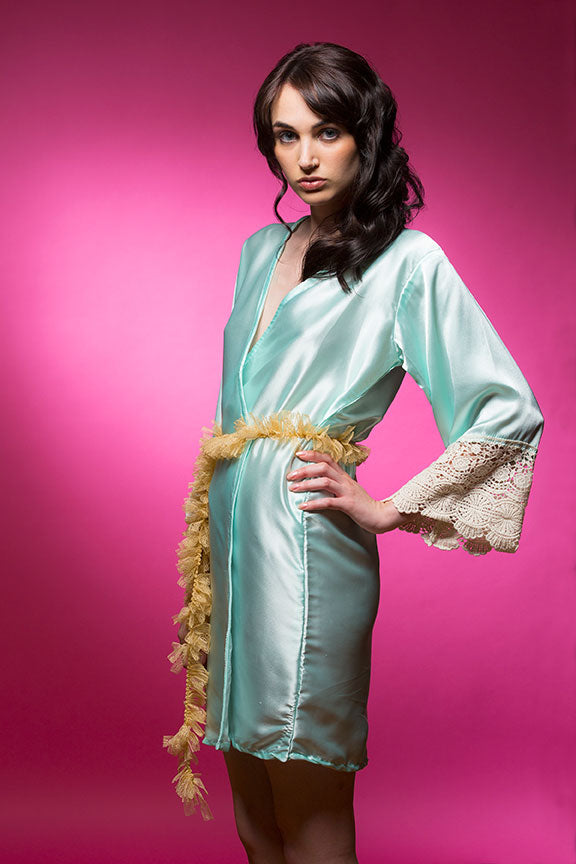Aqua Blue Satin Robe with Lace Accented Cuffs