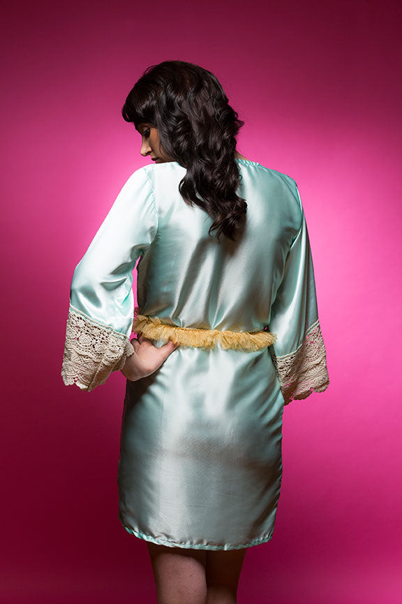 Aqua Blue Satin Robe with Lace Accented Cuffs