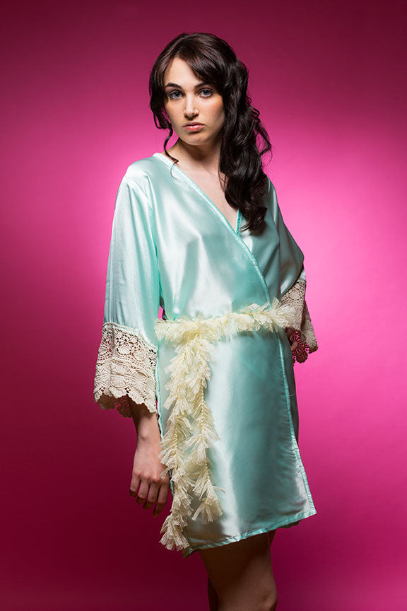 Aqua Blue Satin Robe with Lace Accented Cuffs