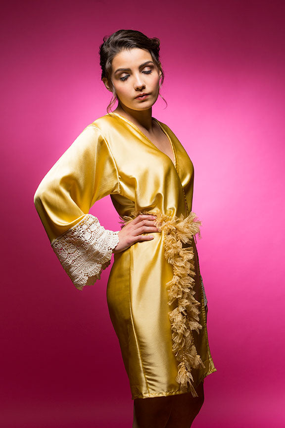 Gold Satin Robe with Ivory Lace Accented Cuffs