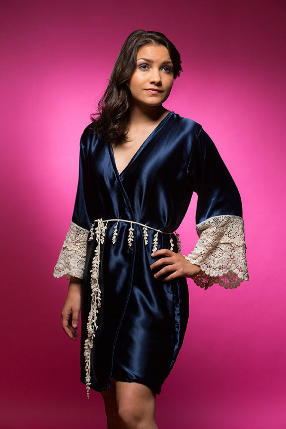 Deep Sapphire Blue Satin Robe with Ivory Lace Accented Cuffs
